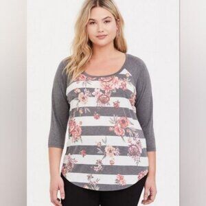 Torrid Gray Striped Classic Fit Feather Light Slub Crew Neck Raglan Tee Size 5X
